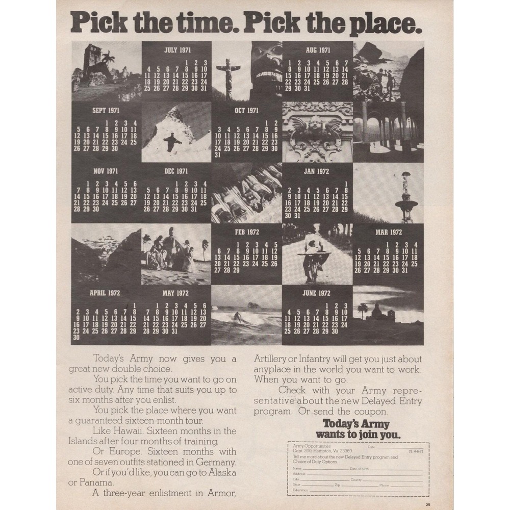 U.S.‎ Army Pick the Time Pick the Place Enlistment Calendar Print Ad 1971